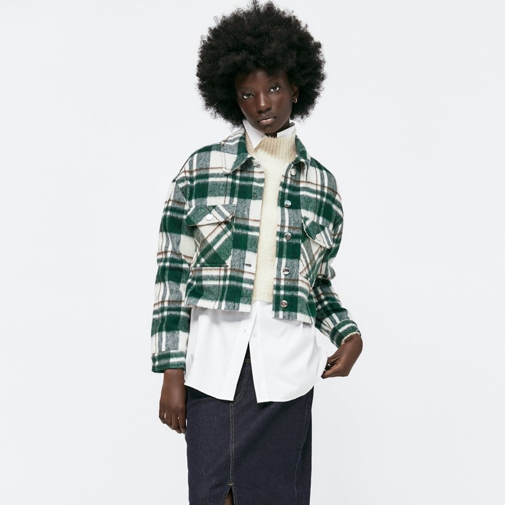 Zara Cropped Plaid Jacket in Green and White